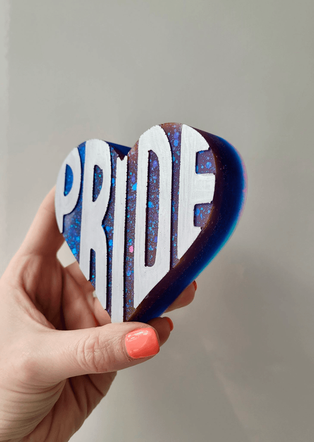 PRIDE Heart - Silver Text, Blue and Purple Glittery Heart Ornament