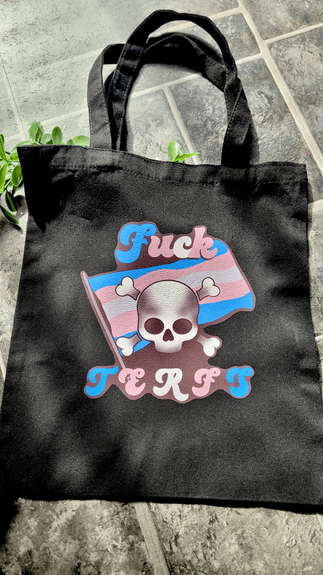 F*ck TERFs Skull, Trans Flag Pride Design | Black Tote Bag