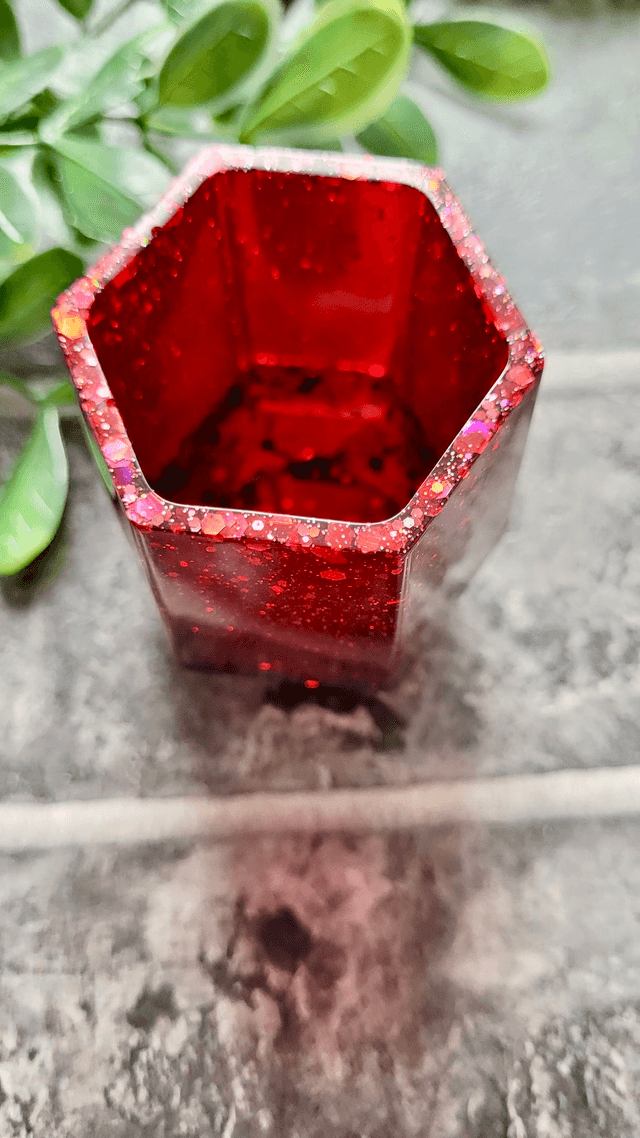 Pencil Pot - Dark Red Glitter Resin Pot – Hexagonal Holder for Pens, Brushes, or Makeup