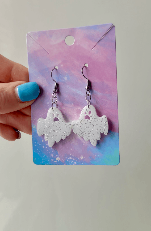 Earrings | Angry Ghost - White with Silver Glitter | Stainless Steel Hooks or Hoops