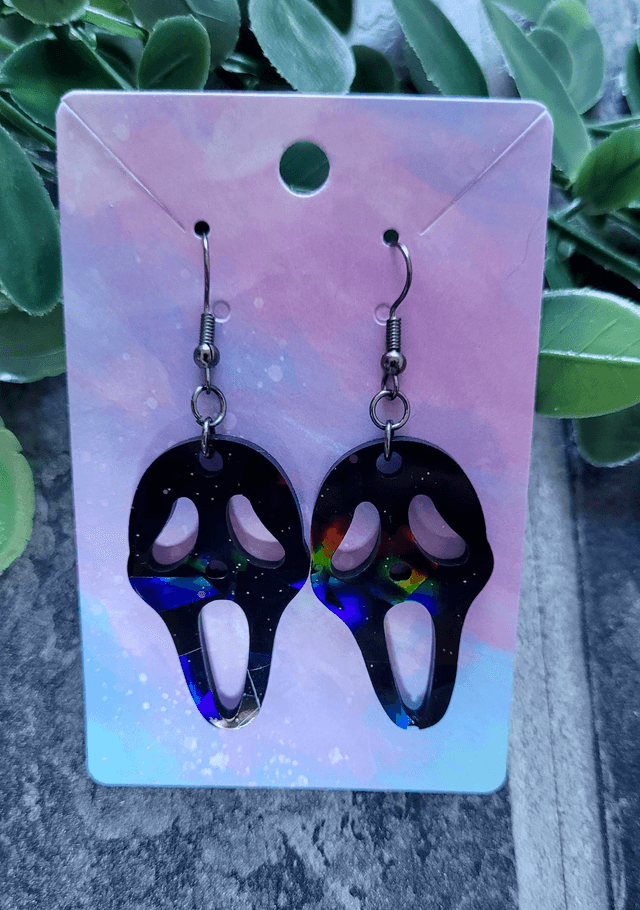 Earrings | Ghostface Scream Earrings - Black Holographic | Stainless Steel Hooks - Gunmetal Black