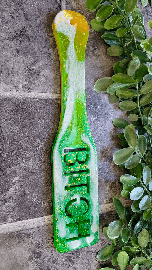 Handmade Resin Paddle – BITCH – Green & Yellow Swirl 