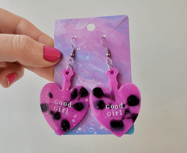 Earrings | Good Girl Heart Paddle Earrings - Pink and Black Swirl Glitter  | Stainless Steel Hooks
