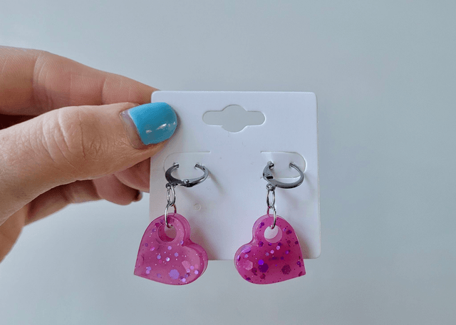 Earrings | Pink Glitter Hearts | Stainless Steel Hoops