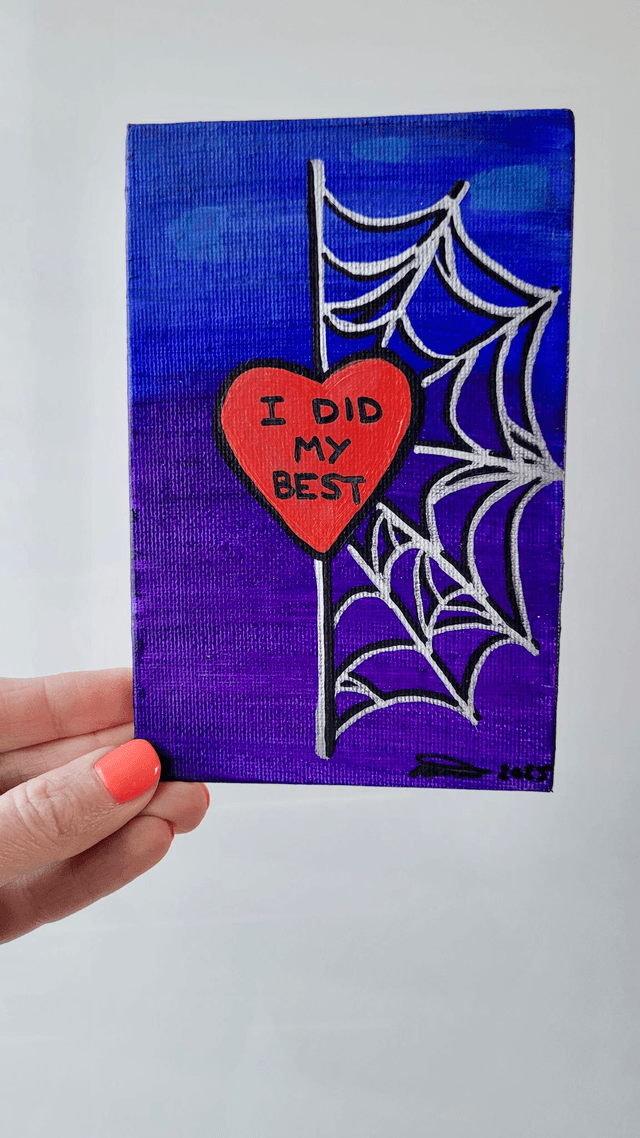 Original Mini Canvas Painting – Spiderweb Heart, I Tried My Best