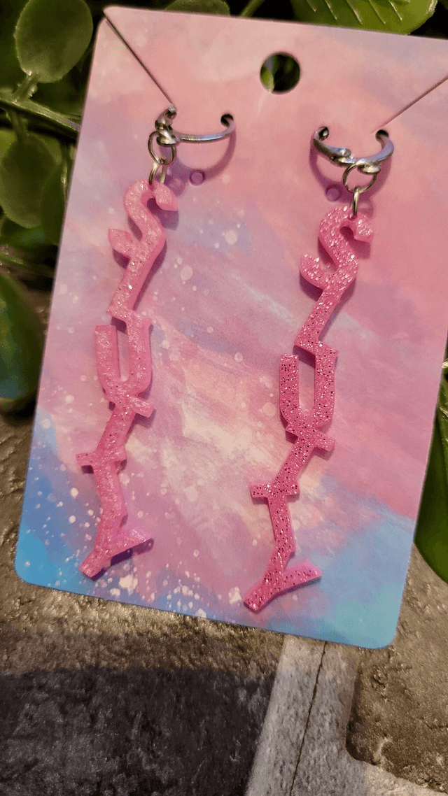 Earrings- Pink Glitter SLUTTY Earrings | Stainless Steel Lever back Hoops