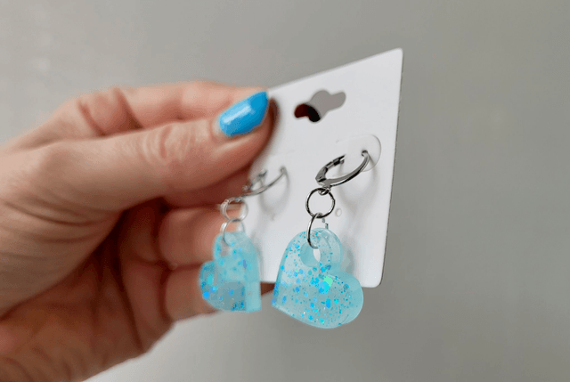 Earrings | Blue-White Glitter Hearts | Stainless Steel Hoops