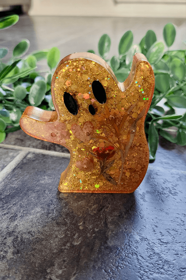 Ghost Ornament - Gold Glitter & Dried Flowers