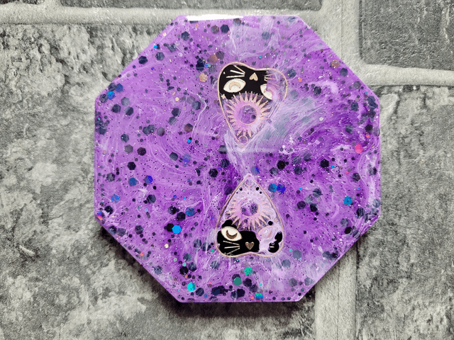 Coaster - Witchy Cat Planchette Purple Glitter Hexagon Coaster