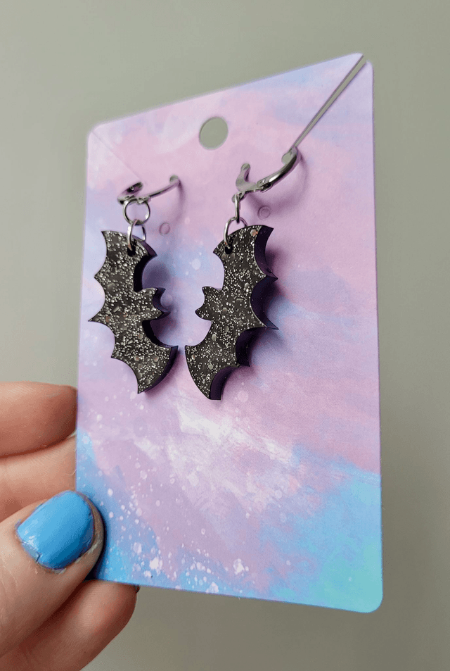 Earrings | Glittery Bats - Black Bats with Silver Glitter Sparkle | Stainless Steel Hoops