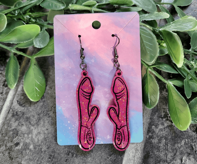 Earrings | Pink Glitter Rabbit Vibrator Earrings | Stainless Steel Hooks