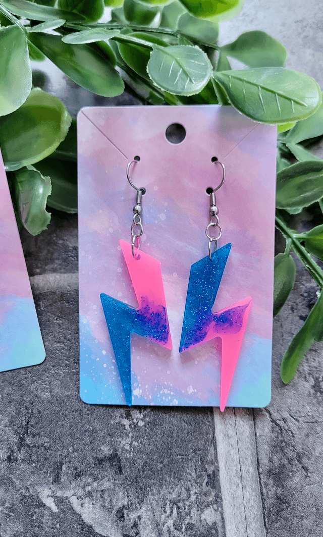 Earrings | Pink & Blue Glitter Lightning Bolt | Stainless Steel Hoops or Hooks