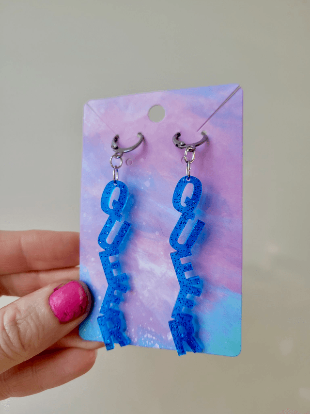 Earrings- Blue Glitter QUEER Earrings | Stainless Steel Leverback Hoops