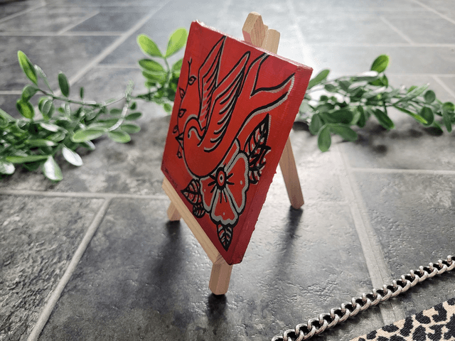 Original Mini Canvas Painting - Swallow & Flower