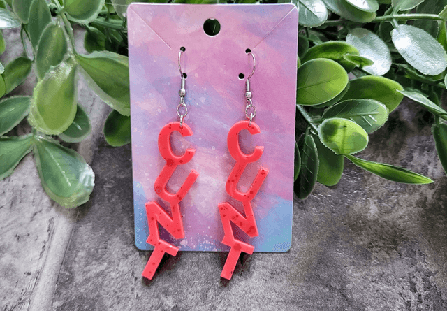 Earrings- Light Red Glitter CUNT Swear Earrings | Stainless Steel Shepherd Hooks