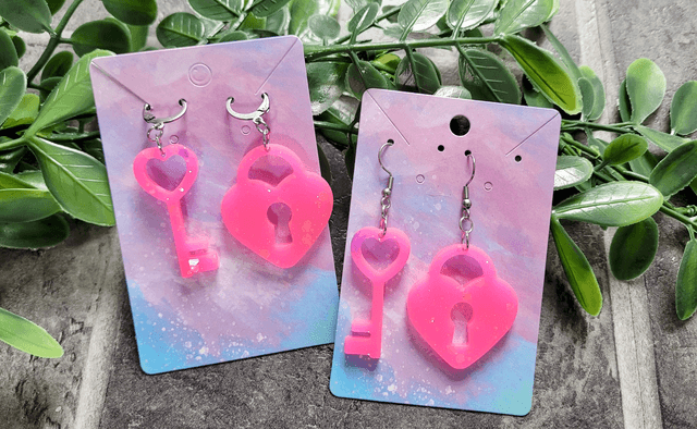 Earrings | Bright Neon Pink Glitter Heart Lock and Key | Stainless Steel Hoops