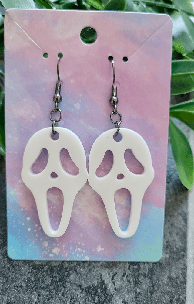 Earrings | Ghostface - Scream - White Holographic Earrings | Stainless Steel Hooks - Gunmetal Black