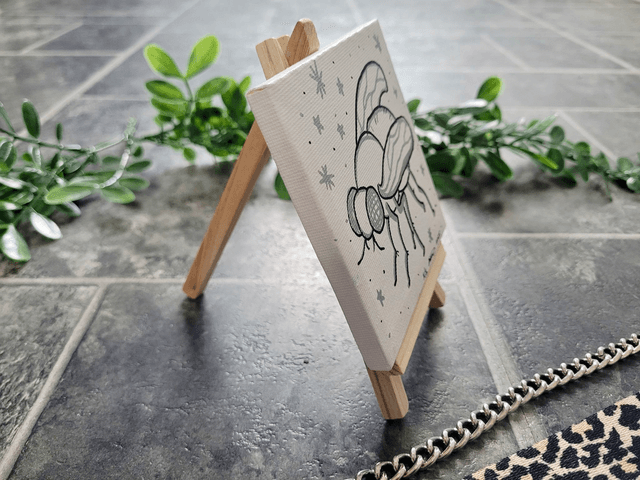Original Mini Canvas Painting – Black & Silver Fly