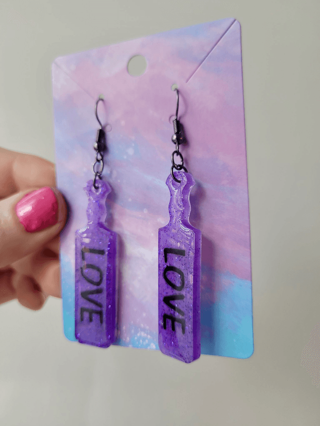 Earrings | Purple Glitter LOVE Paddle Earrings | Stainless Steel Leverback Hooks
