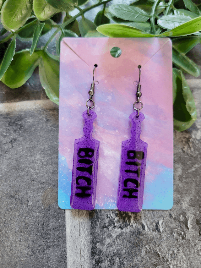 Earrings | Glitter Purple BITCH earrings  | Stainless Steel Gunmetal Black Hooks