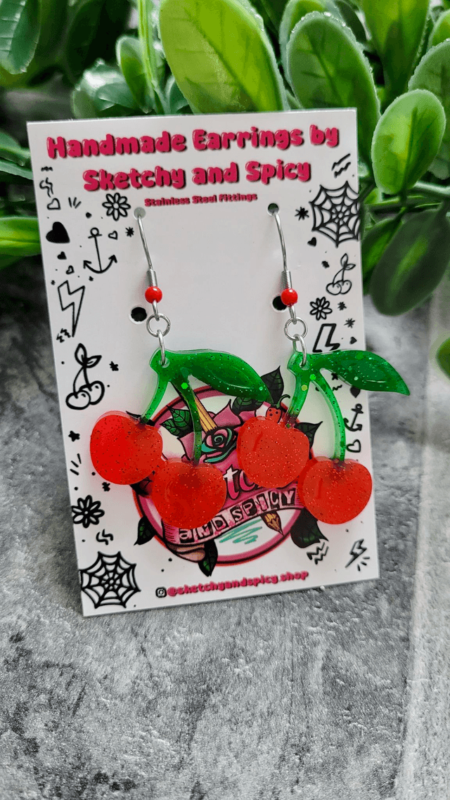 Earrings | Cherries - Red & Green glitter cherry earrings | Stainless Steel Hooks