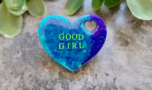 GOOD GIRL Blue Glitter Swirl Heart Resin Pin Badge
