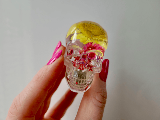 Skull Ornament - Medium -  Clear with Dried Flowers - Pinks and Yellow