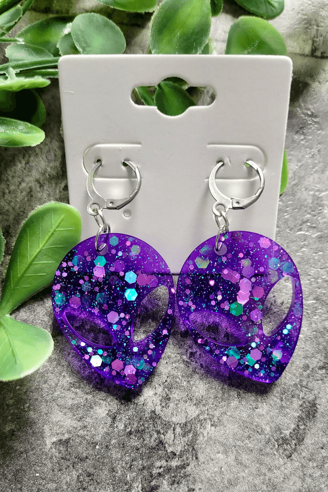 Earrings | Purple Glitter Alien Head | Stainless Steel Hoops