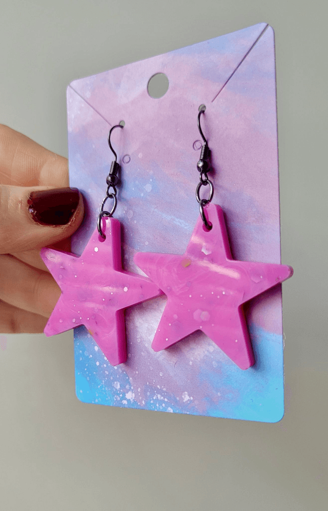 Earrings | Pink Glitter and Swirls Stars | Stainless Steel Hoops