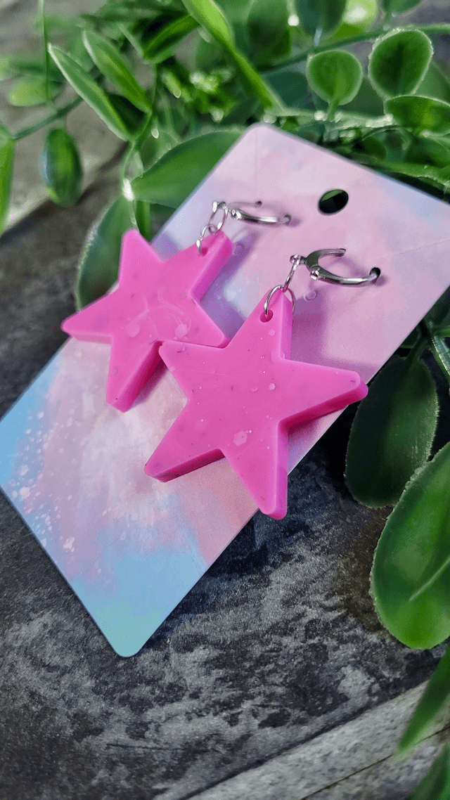 Earrings | Pink Glitter and Swirls Stars | Stainless Steel Hoops