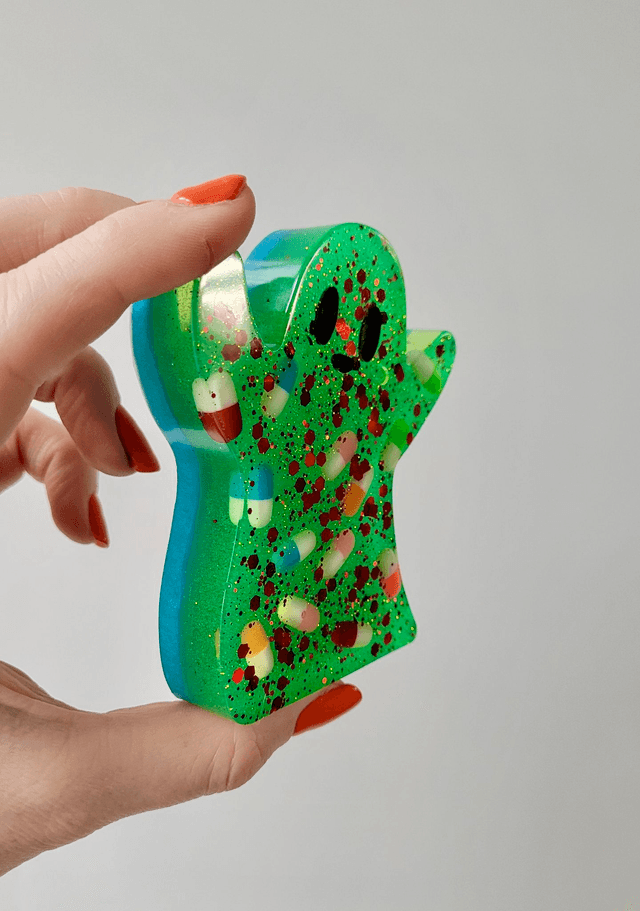 Ghost Ornament - Pilled Up - Green & Blue Glitter Ghost wil Pills & Red Glitter