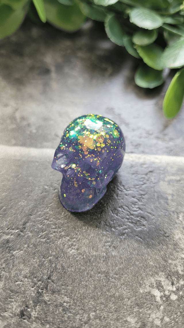 Skull Ornament - Mini - Lilac Purple with Green Holographic Glitter