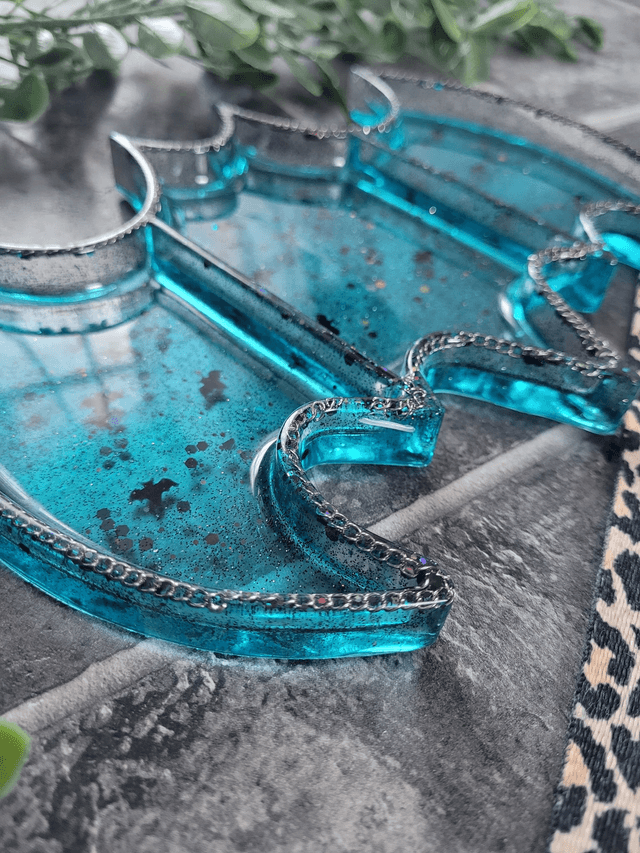 Trinket Tray - Large Bat Shape - Blue with bat charms and silver chain detail
