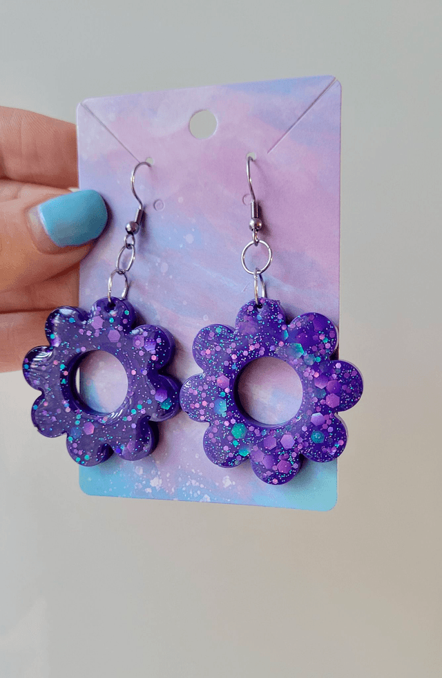 Earrings | Purple Glitter Flowers | Stainless Steel Shepherd Hooks