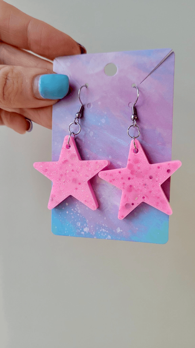 Earrings | Candy Pastel Pink Glitter Stars | Stainless Steel Hooks