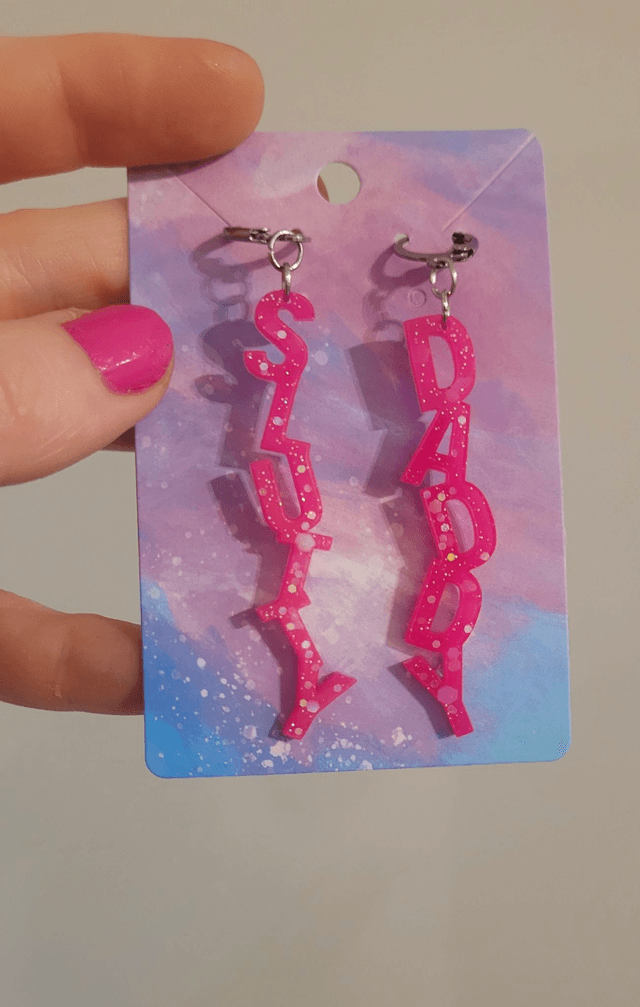 Earrings- DADDY / SLUTTY Hot Pink Glitter Earrings | Stainless Steel Lever back Hoops