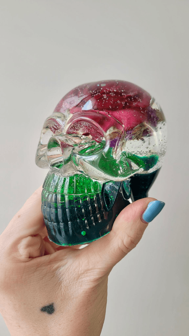 Skull Ornament - Large - Green & Clear Flower Floral Glitter