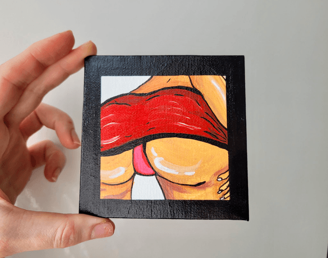 Original Mini Canvas Painting – Red Skirt and Rebellion - Butt Painting Black Border