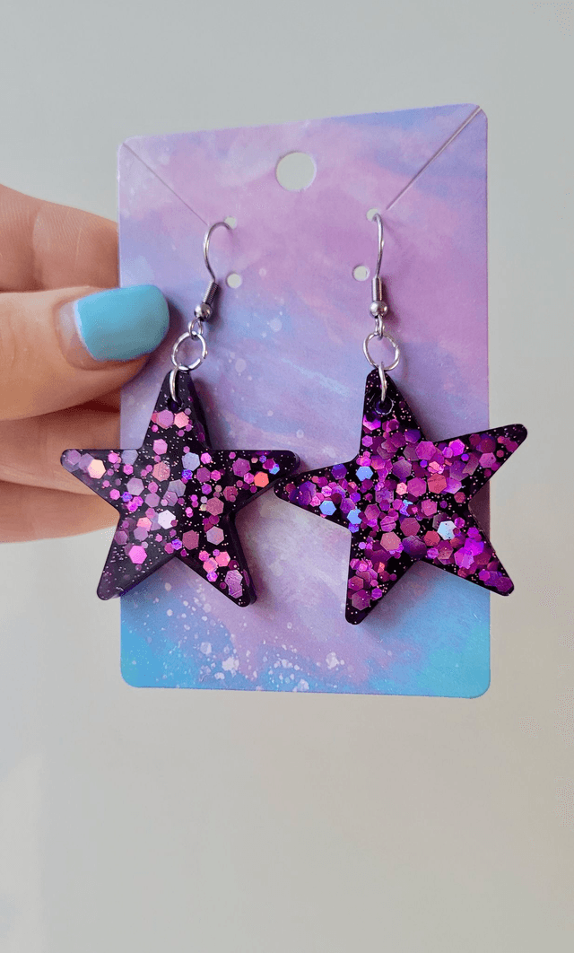 Earrings | Purple Star - Pink & Purple Holographic Glitter Star Earrings| Stainless Steel Hooks or Hoops