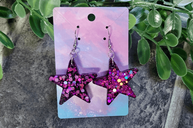 Earrings | Purple Star - Pink & Purple Holographic Glitter Star Earrings| Stainless Steel Hooks or Hoops