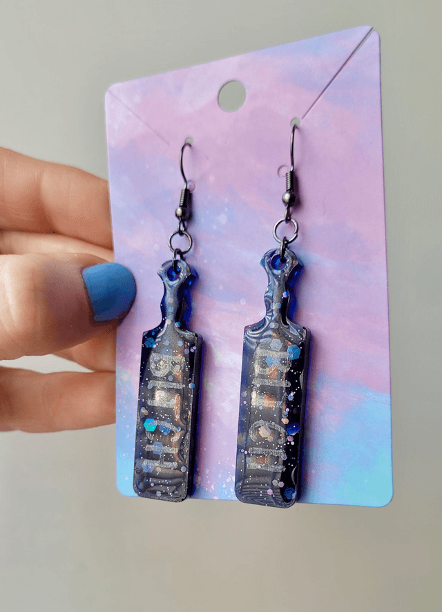 Earrings | Blue-Black Holographic Glitter BITCH earrings  | Stainless Steel Gunmetal Black Hooks