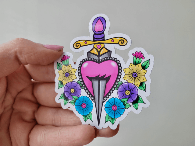 Floral Heart & Dagger Vinyl Sticker