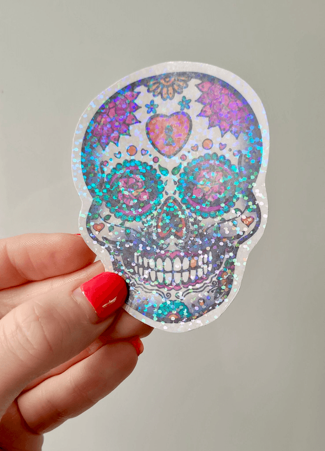 Sparkly Mexican Death Skull Sticker - Sugar Skull Day of the Dead Art