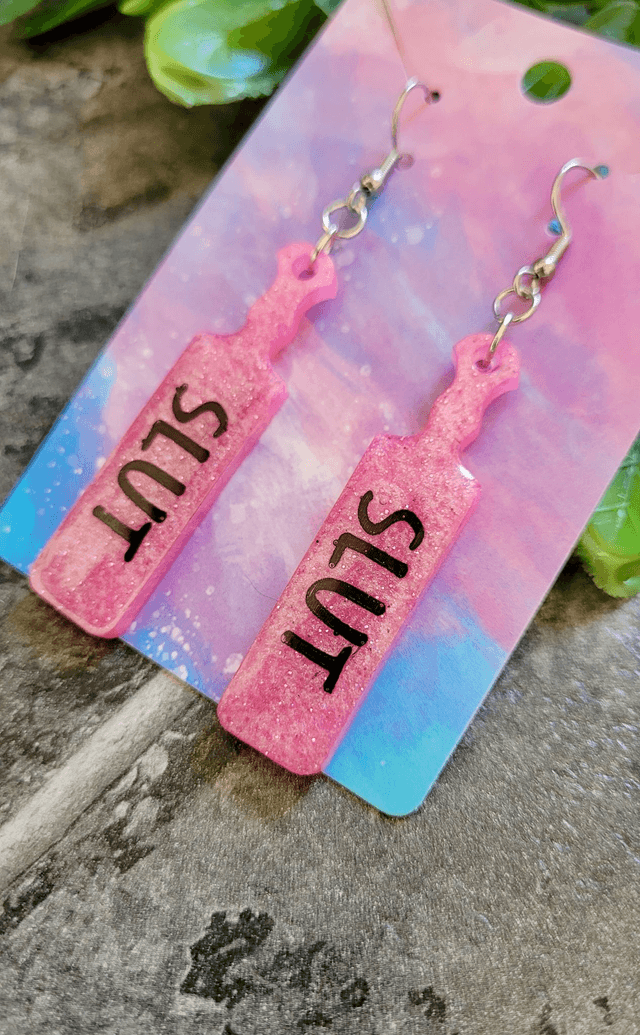 Earrings | SLUT Paddle Earrings Light Pink Glitter | Stainless Steel Hooks