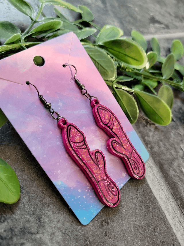 Earrings | Pink Glitter Rabbit Vibrator Earrings | Stainless Steel Hooks