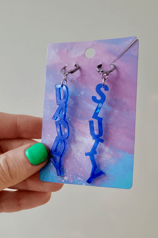 Earrings- DADDY / SLUTTY Blue Glitter Earrings | Stainless Steel Lever back Hoops