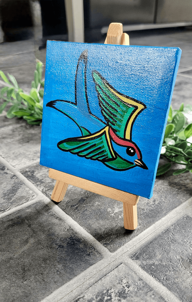 Original Mini Canvas Painting – Blue Swallow - Tattoo Style