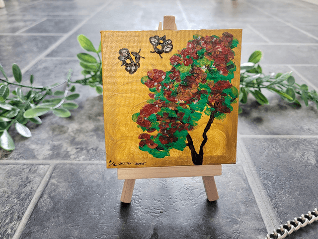 Original Mini Canvas Painting – Tree & Bees on Golden Background