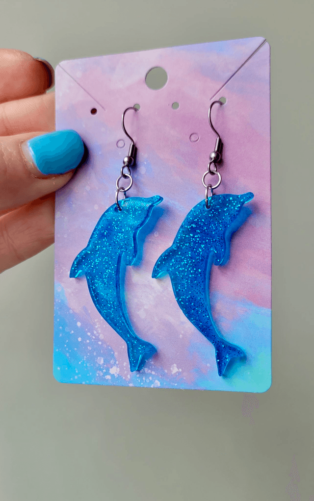Earrings | Blue Glitter Dolphins | Stainless Steel Hooks