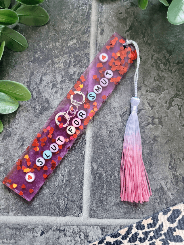 Slut for Smut Heart Glitter & Handcuff Bookmark